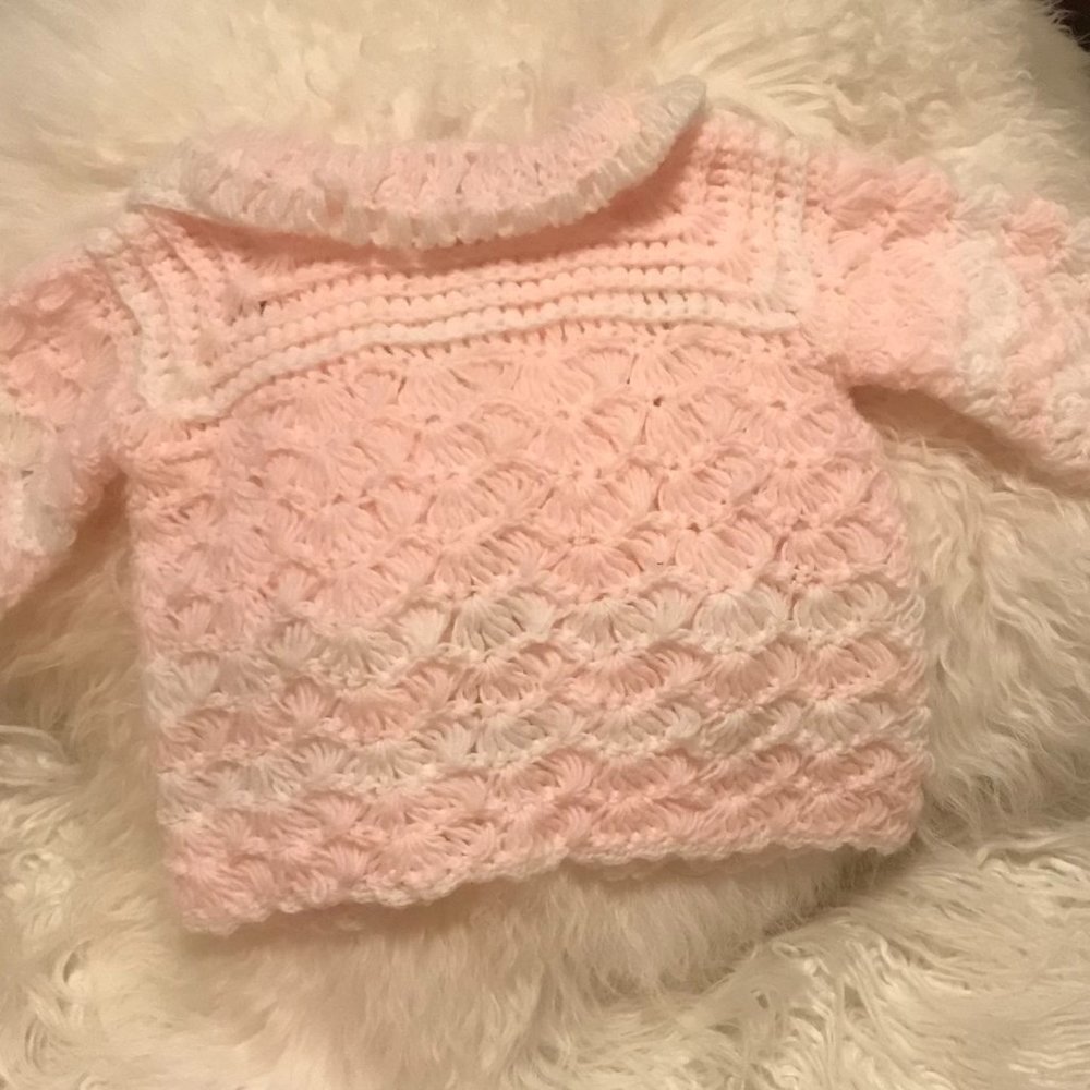 Vintage Pink PomPom Bon Bon Baby Crochet Sweater Hat Booties Set - Picture 9 of 11